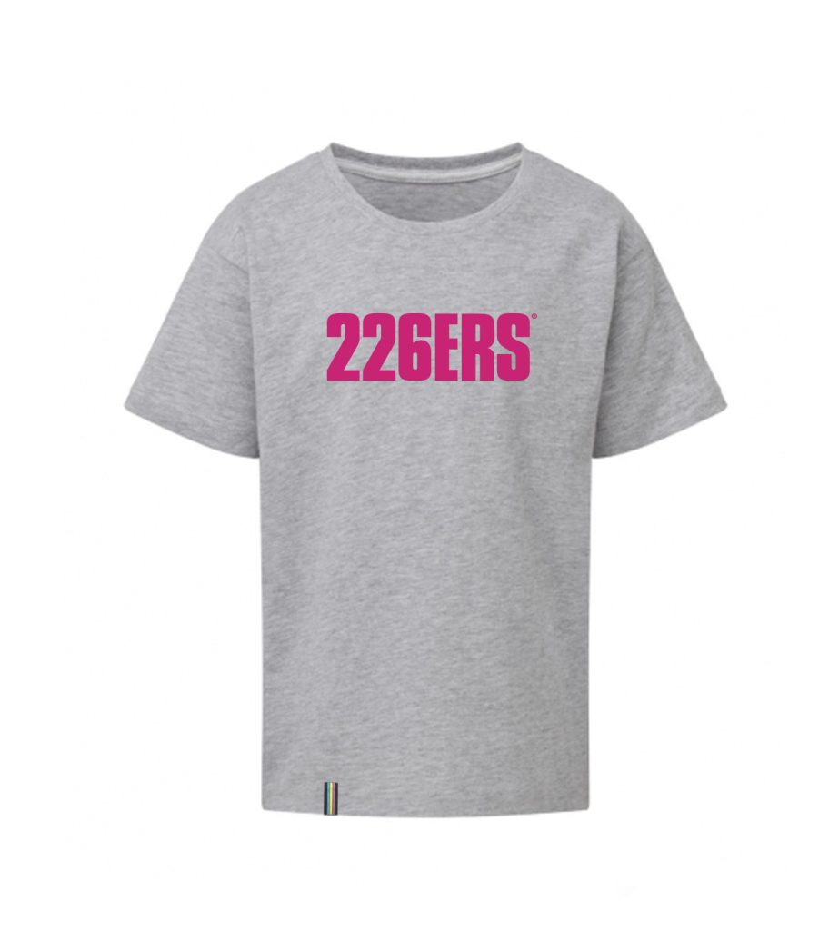 Camiseta infantil gris con logo 22E6RS rosa